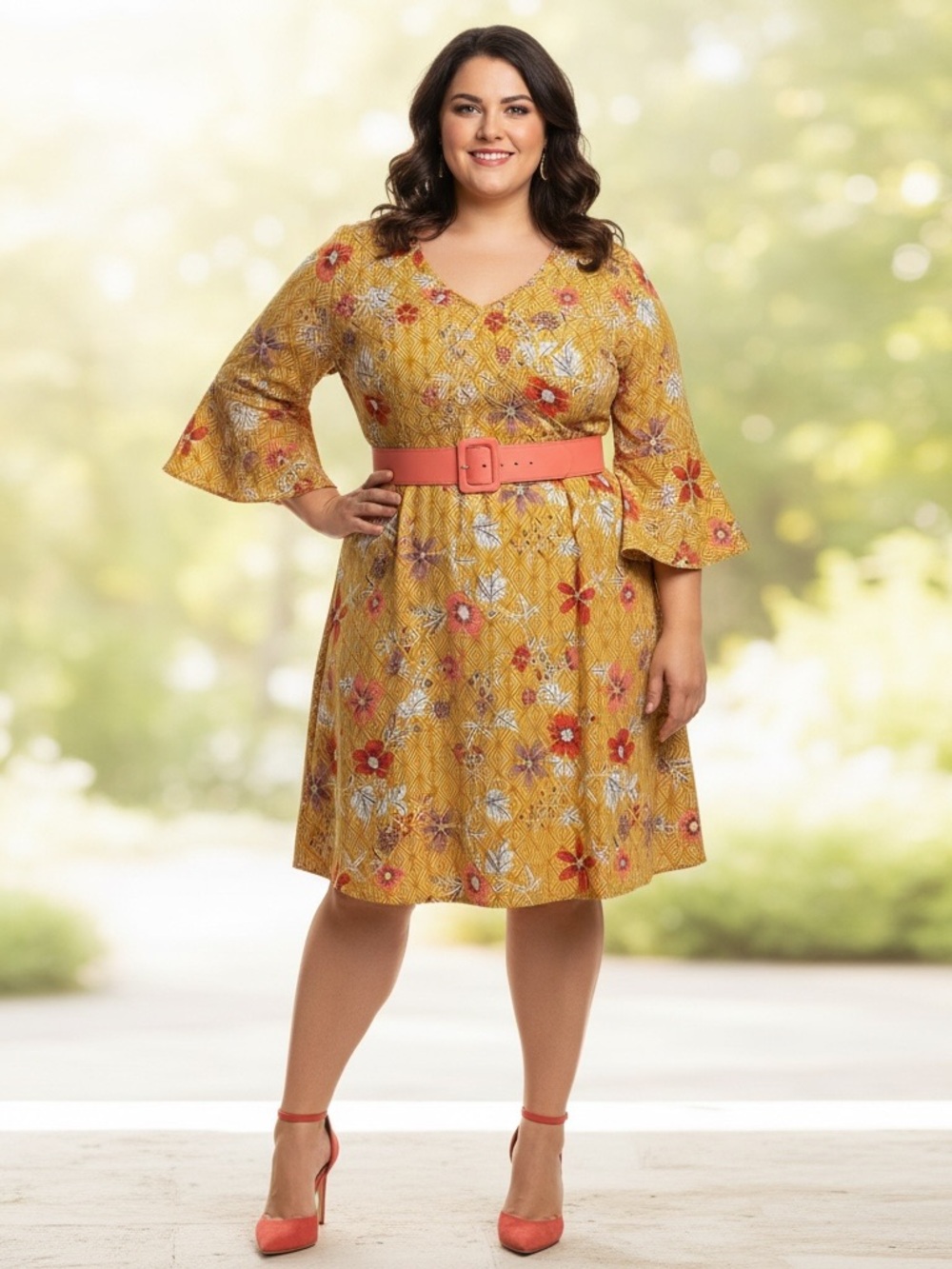Cure. Plus-Size Mustard Floral V-Neck Midi Dress with Bell Sleeves